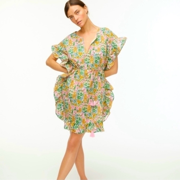 J. Crew Ditsy Floral Ruffle Trim Short Sleeve V-Neck Tunic Dress L Baby Shower - Picture 4 of 10